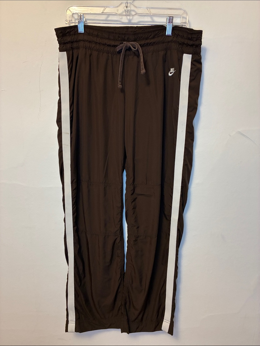 Nike Brown Track Pants with White Side Stripes and Drawstring Medium